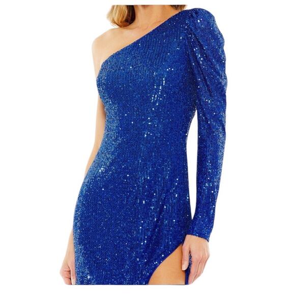 Mac Duggal Size 12 NWT Style 26946 Royal Blue Sequined One Shoulder Mini Dress - Picture 2 of 7